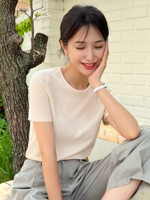 DAZY Camiseta De Manga Corta De Cuello Redondo De Punto De Gofre - Beis - Ver 9