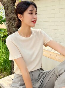 DAZY Camiseta De Manga Corta De Cuello Redondo De Punto De Gofre - Beis - Ver 10