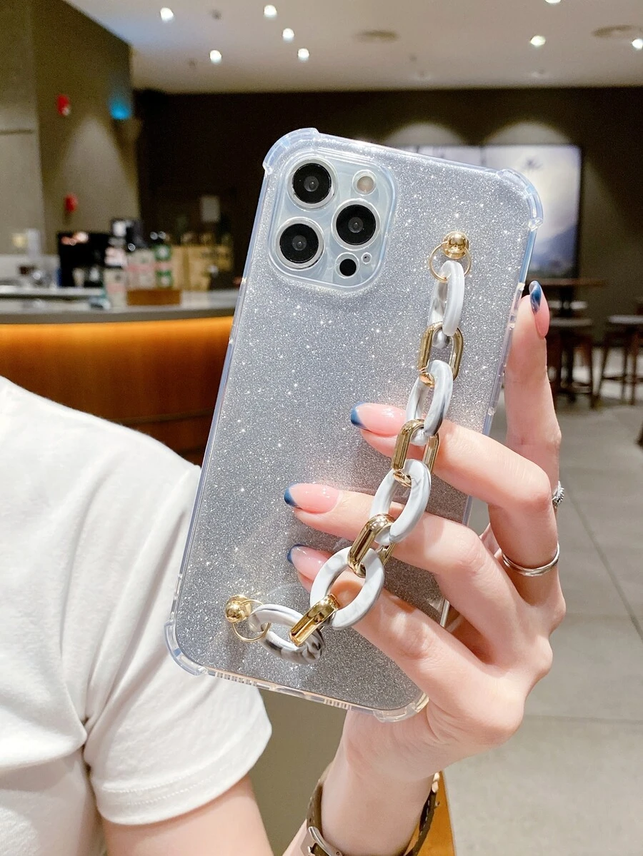 Funda de celular transparente con cadena con tira de mano & brillante papel - Multicolor - Ver 1