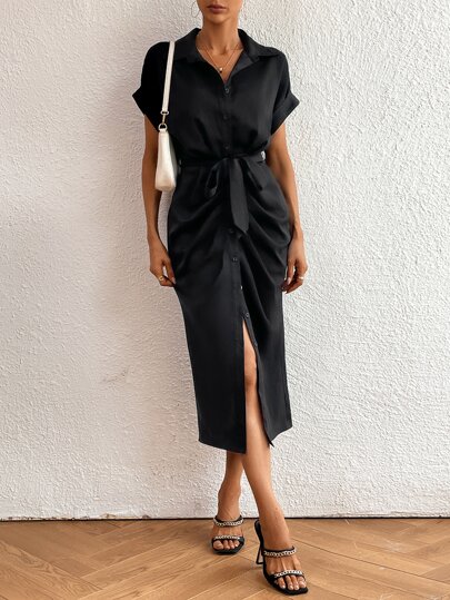 バットウイングスリーブ ルーシュ ベルト シャツドレスの画像