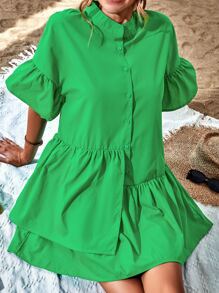 SHEIN VCAY Flounce Sleeve Ruffle Hem Smock Dress - Green - View 1