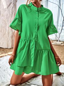 SHEIN VCAY Flounce Sleeve Ruffle Hem Smock Dress - Green - View 3