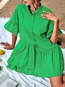 SHEIN VCAY Flounce Sleeve Ruffle Hem Smock Dress - Green - View 4