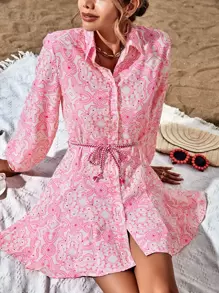 Aveloria Rosie Random Allover Print Belted Shirt Dress Vacation Outfits Woman  Fall Cloth For Women - Multicolor - View 3