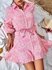 Aveloria Rosie Random Allover Print Belted Shirt Dress Vacation Outfits Woman  Fall Cloth For Women - Multicolor - View 4