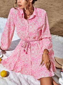 Aveloria Rosie Random Allover Print Belted Shirt Dress Vacation Outfits Woman  Fall Cloth For Women - Multicolor - View 6