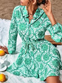 Aveloria Random Allover Print Lantern Sleeve Belted Shirt Dress - Multicolor - View 1