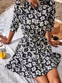 SHEIN LUNE 印花腰帶襯衫洋裝