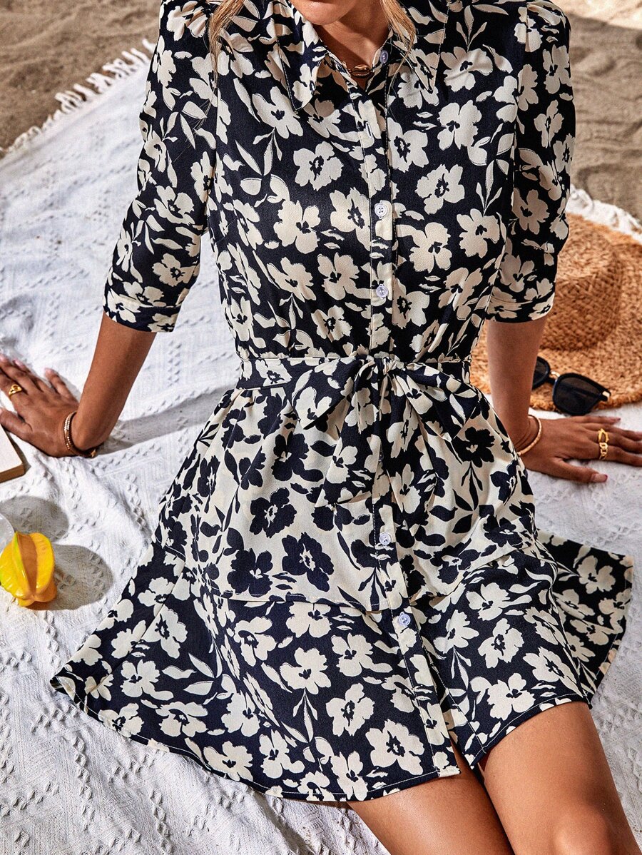 SHEIN LUNE 印花腰帶襯衫洋裝