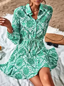 Aveloria Random Allover Print Lantern Sleeve Belted Shirt Dress - Multicolor - View 3