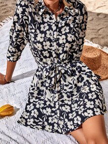 SHEIN LUNE 印花腰帶襯衫洋裝