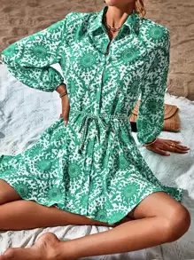 Aveloria Random Allover Print Lantern Sleeve Belted Shirt Dress - Multicolor - View 5