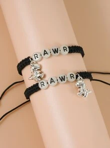 2pcs Glow In The Dark Bead Decor Dinosaur Charm Bracelet - Black - View 2