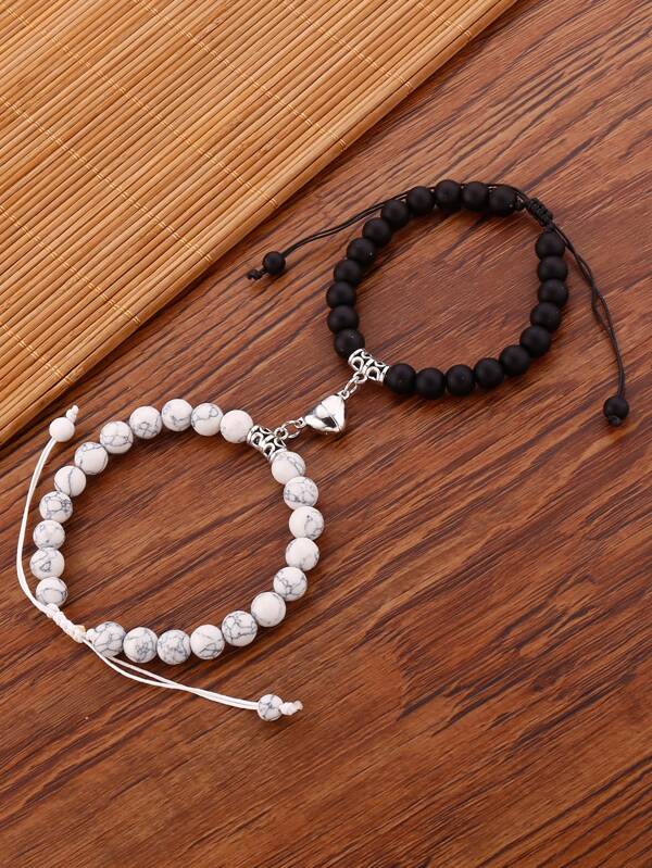 2pcs Couple Magnetic Heart Charm Beaded Bracelet
