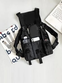 Bolsa tipo pecho con gráfico de letras, hebilla de liberación y decoración para hombres, bolsa bandolera, bolsa universitaria, regalo para el Día del Padre, verano, papá, recién ingresado, para libros, regreso a la escuela, multifuncional, dormitorio universitario, Halloween, regalos para hombres, otoño, Navidad, bolso tipo "Scream", cinturón, bolsa de viaje, bolsa bandolera para hombres, invierno, regalos de Navidad, riñonera - Negro - Ver 2