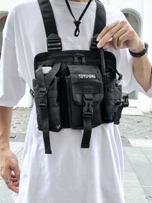 Bolsa tipo pecho con gráfico de letras, hebilla de liberación y decoración para hombres, bolsa bandolera, bolsa universitaria, regalo para el Día del Padre, verano, papá, recién ingresado, para libros, regreso a la escuela, multifuncional, dormitorio universitario, Halloween, regalos para hombres, otoño, Navidad, bolso tipo "Scream", cinturón, bolsa de viaje, bolsa bandolera para hombres, invierno, regalos de Navidad, riñonera - Negro - Ver 6