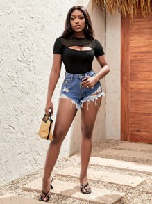 Slaydiva T-shirt découpe avec tulle - Noir - Voir 4