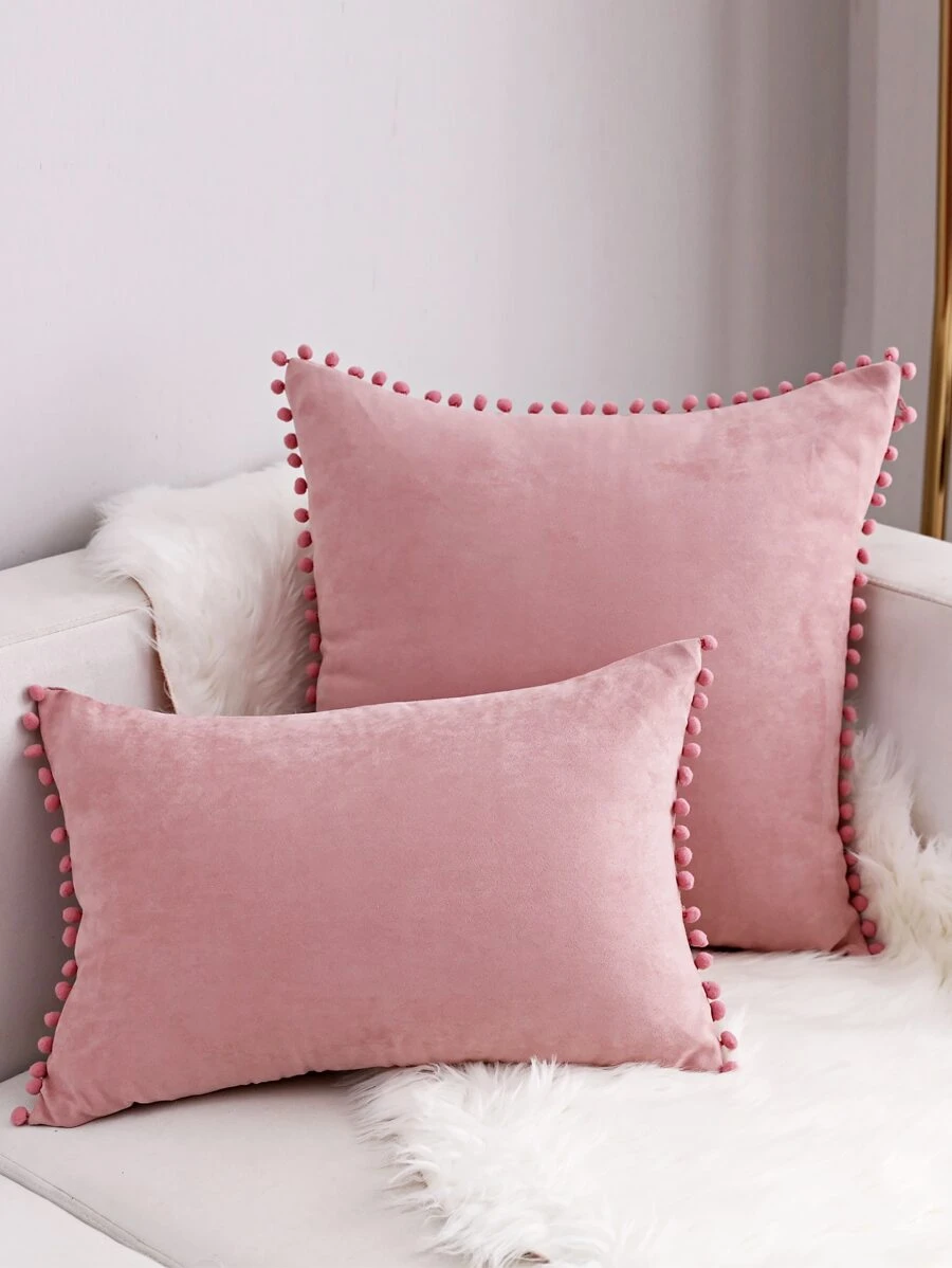 1pc Suede Fabric Plush Ball Decorative Throw Pillow Cover, For Living Room Sofa Bedroom - Pink - View 1