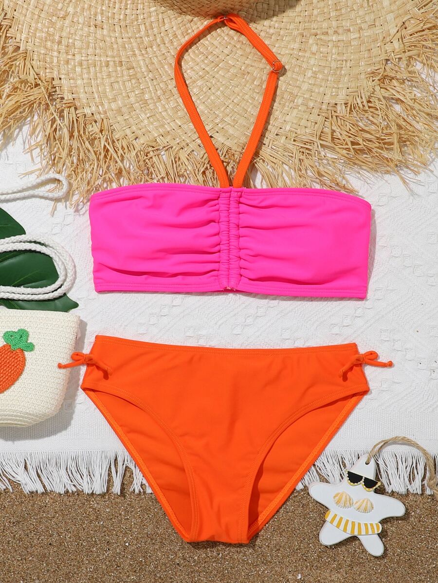 Tween Girl Neon Pink Bow Side Drawstring Halter Bikini Set Summer Beach - Multicolor - View 1