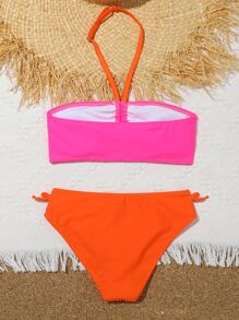 Tween Girl Neon Pink Bow Side Drawstring Halter Bikini Set Summer Beach - Multicolor - View 2