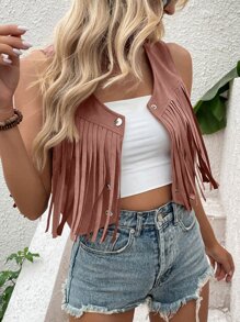 SHEIN LUNE Áo khoác vest Chi tiết Fringe Cúc bấm Mặt trước Suedette - Bụi hồng - Xem 5