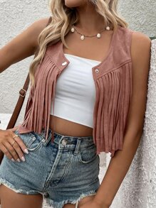 SHEIN LUNE Áo khoác vest Chi tiết Fringe Cúc bấm Mặt trước Suedette - Bụi hồng - Xem 7