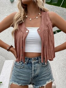 SHEIN LUNE Áo khoác vest Chi tiết Fringe Cúc bấm Mặt trước Suedette - Bụi hồng - Xem 8
