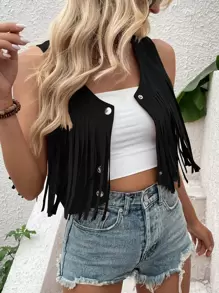 SHEIN LUNE Fringe Detail Snap Button Front Suedette Vest Jacket - Black - View 6
