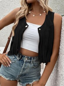 SHEIN LUNE Fringe Detail Snap Button Front Suedette Vest Jacket - Black - View 7