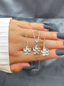 3 piezas Set joya con diamante de imitación con diseño de flor - Plateado - Ver 1