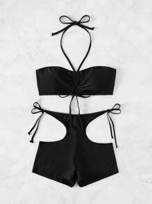 Bikini halter con recorte y lazo en la parte delantera y pantalones cortos de baño - Negro - Ver 4