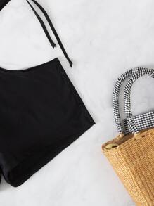 Bikini halter con recorte y lazo en la parte delantera y pantalones cortos de baño - Negro - Ver 5