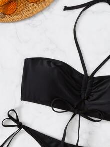 Bikini halter con recorte y lazo en la parte delantera y pantalones cortos de baño - Negro - Ver 6