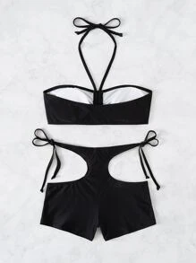 Bikini halter con recorte y lazo en la parte delantera y pantalones cortos de baño - Negro - Ver 7