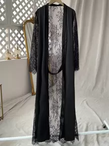 Bata de dormir de satén con cinturón con encaje en contraste - Negro - Ver 1