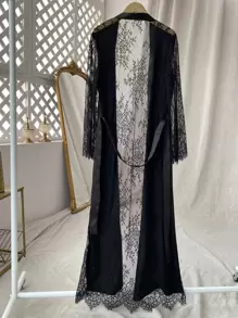 Bata de dormir de satén con cinturón con encaje en contraste - Negro - Ver 2