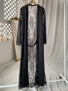 Bata de dormir de satén con cinturón con encaje en contraste - Negro - Ver 3