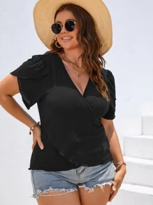 Plus Lettuce Trim Wrap Cross Petal Sleeve Tee - Black - View 6