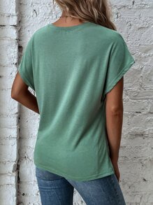 SHEIN LUNE تي شيرت ملفوفة حافة غير متماثل اكمام جناح خفاش - أخضر - مشاهدة 2