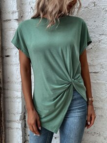 SHEIN LUNE تي شيرت ملفوفة حافة غير متماثل اكمام جناح خفاش - أخضر - مشاهدة 3