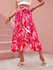 SHEIN Unity Floral Print Paperbag Waist Ruffle Trim Wrap Belted Skirt - Multicolor - View 1