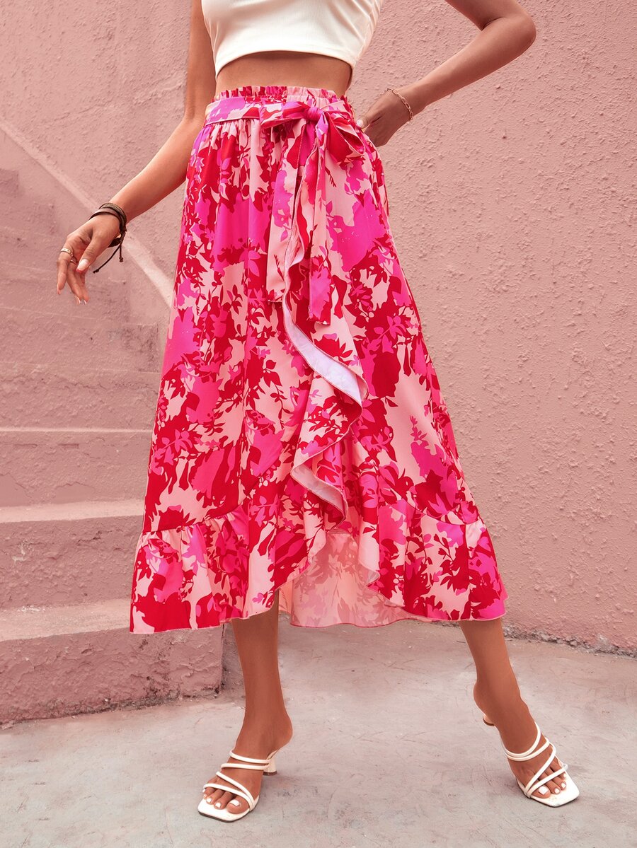 SHEIN Unity Floral Print Paperbag Waist Ruffle Trim Wrap Belted Skirt - Multicolor - View 1