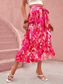 SHEIN Unity Floral Print Paperbag Waist Ruffle Trim Wrap Belted Skirt - Multicolor - View 3