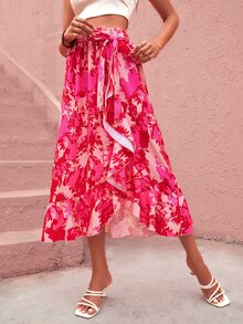 SHEIN Unity Floral Print Paperbag Waist Ruffle Trim Wrap Belted Skirt - Multicolor - View 4
