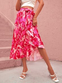 SHEIN Unity Floral Print Paperbag Waist Ruffle Trim Wrap Belted Skirt - Multicolor - View 5