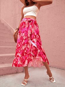 SHEIN Unity Floral Print Paperbag Waist Ruffle Trim Wrap Belted Skirt - Multicolor - View 6