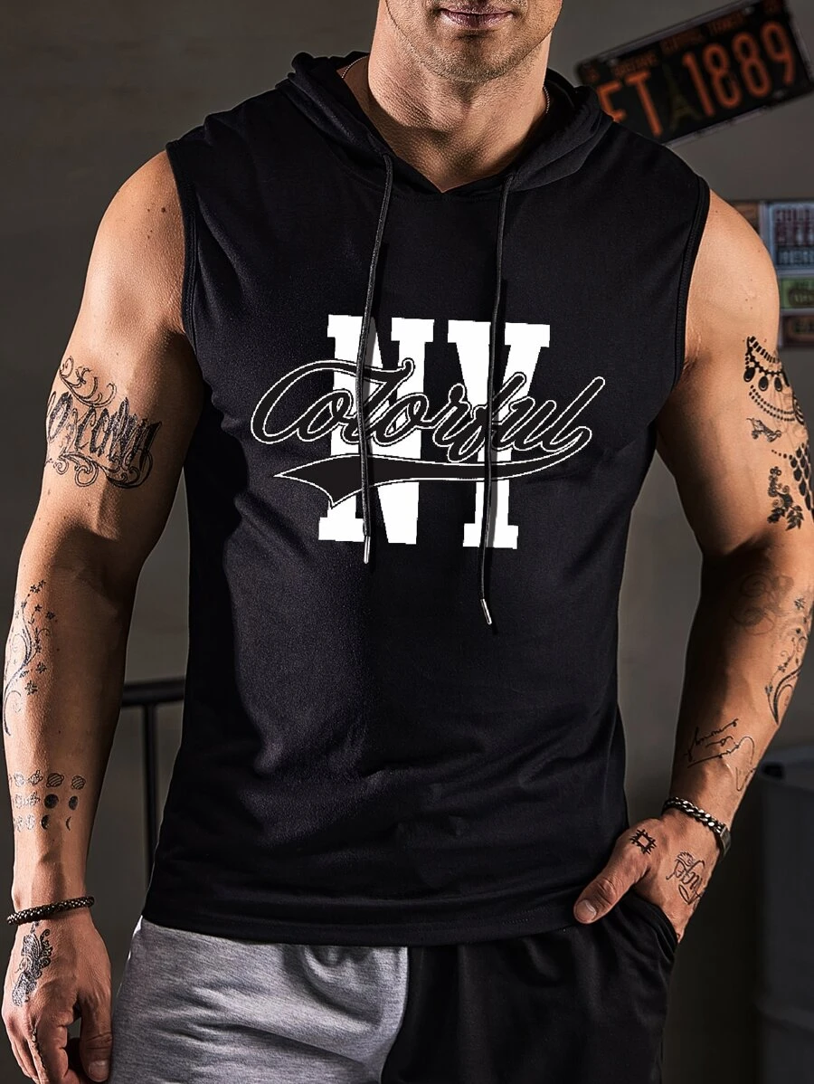 Aesthetic Post 男士字母圖案抽繩連帽背心上衣 - 黑色 - 查看 1