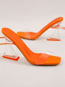 Square Toe Lace-Up Clear Band See Through Heeled Sandals - Orange - View 2