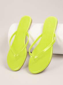 Neon Yellow Faux Leather Flip Flops - Yellow - View 4