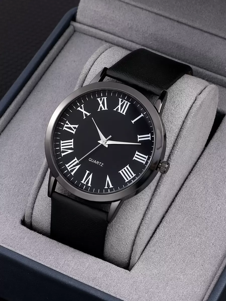 Simple Roman Numeral Dial Men's Casual Quartz Watch - Black - View 1